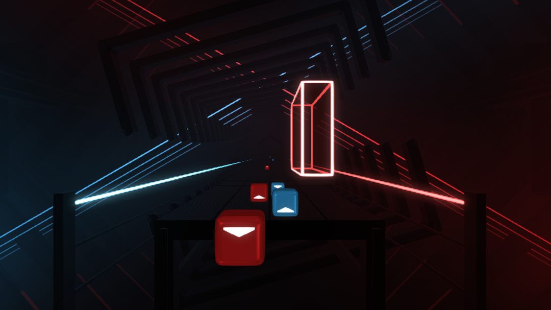 A generated map playing in the 3D previewer: red and blue notes on a track between saber lights